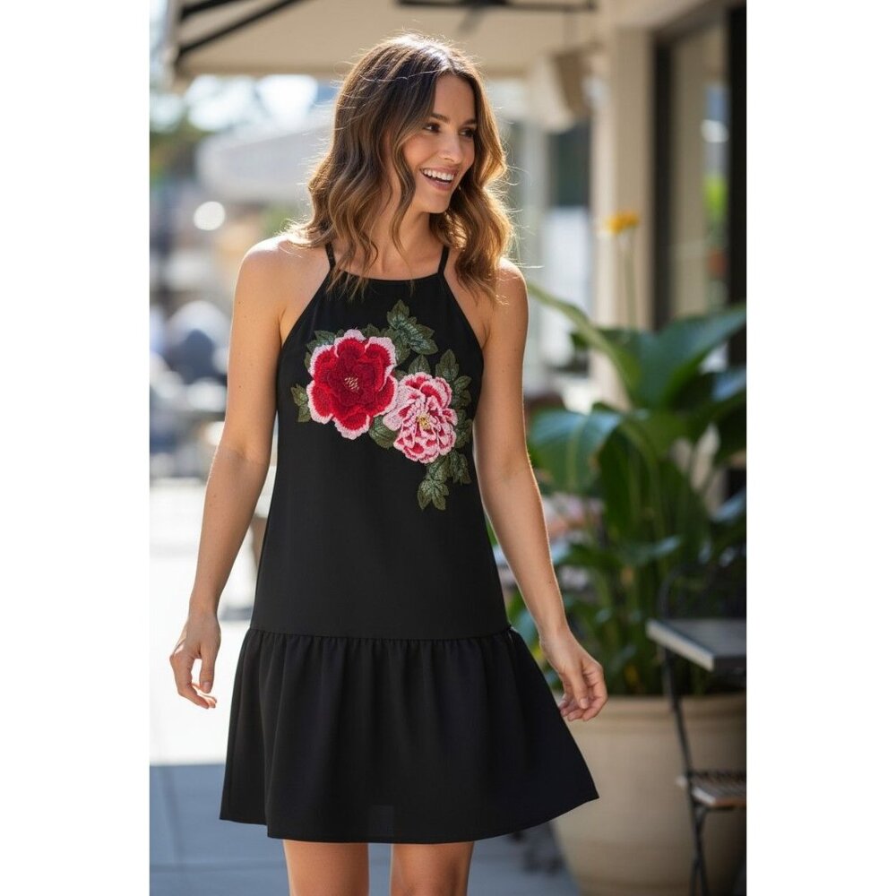 Little Black Dress Embroidered Floral Applique Size XS S Summer Ruffle Hem Party